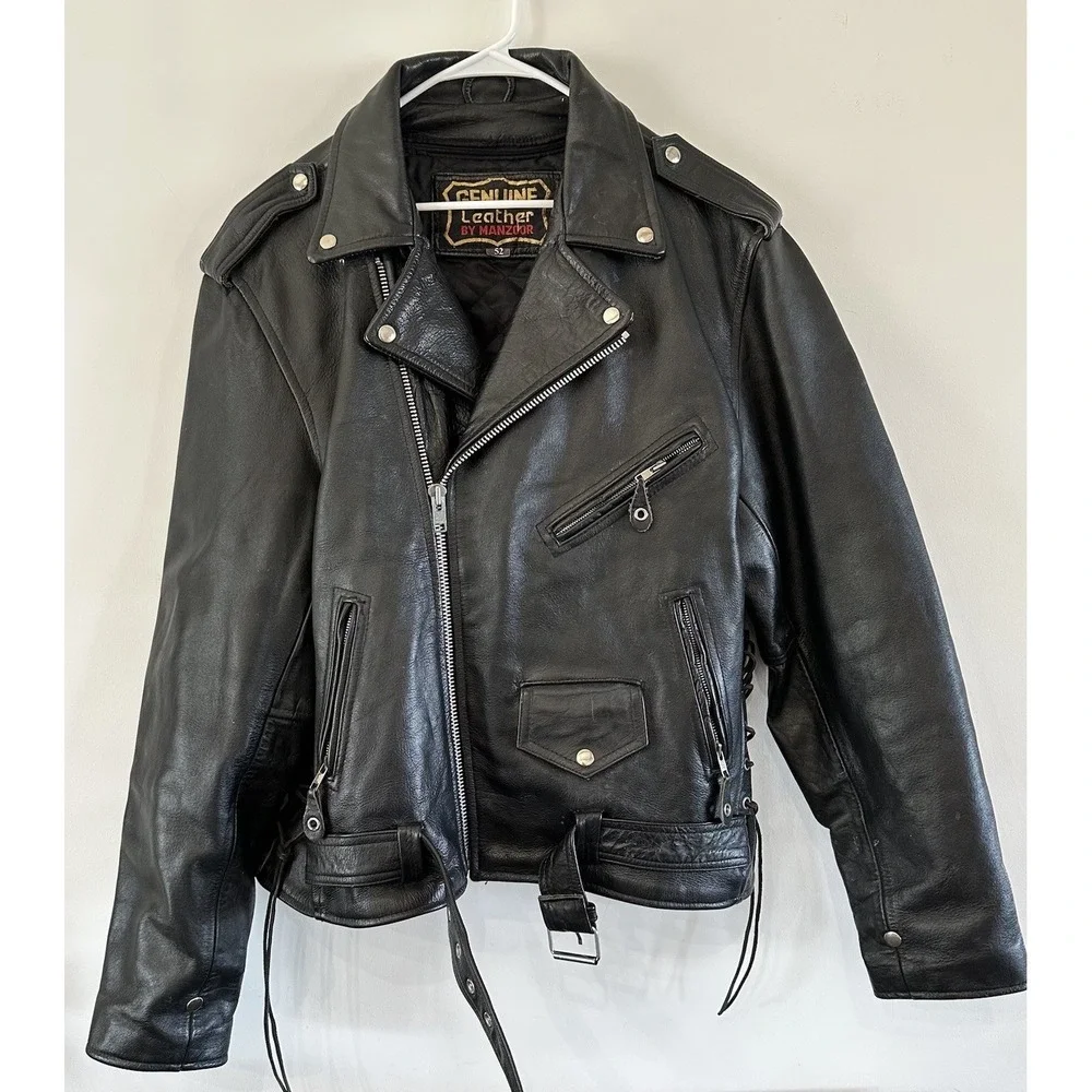 VTG 80's‎ Heavy Genuine Leather Manzoor Motorcycle Jacket Biker 52 Zip Out Liner
